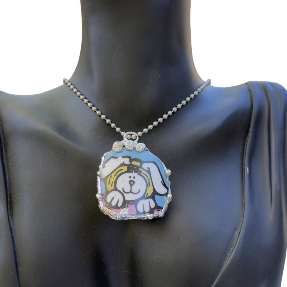 Royal Norfolk Easter Bunny Broken China Pendant - Silver Cabochon Necklace 1.5" - Picture 6 of 15